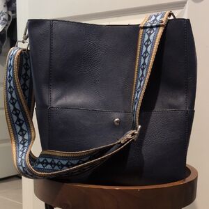 Navy Blue Leather Bucket Bag With Removable Straps